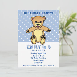 Niedlicher Teddy Bear Blue Polka Dot Kid`s Geburts Einladung