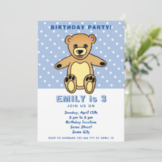 Niedlicher Teddy Bear Blue Polka Dot Kid`s Geburts Einladung