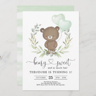 Niedlicher Teddy Bear Geburtstag Boy Greenery Ball Einladung