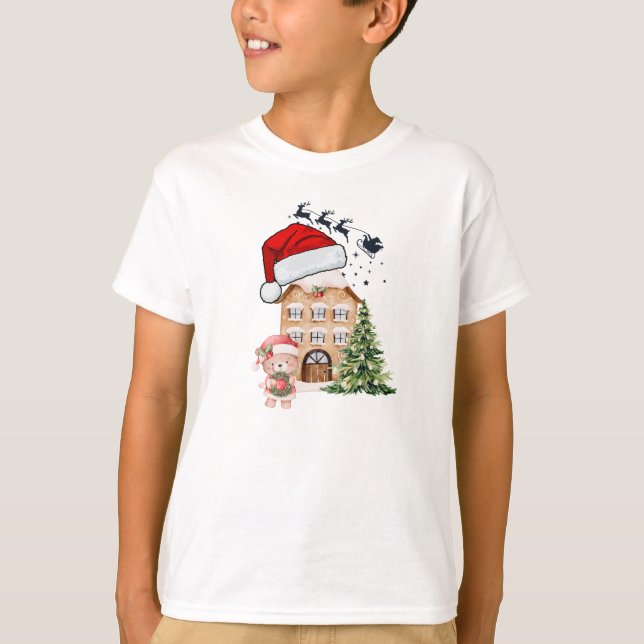 Niedlicher Teddy Bear & Gingerbrot House Whimsical T-Shirt (Vorderseite)
