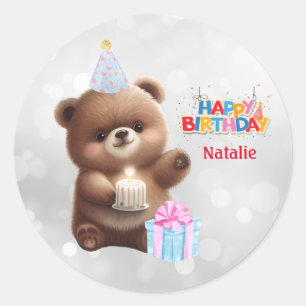 Niedlicher Teddy Bear Happy Geburtstag Personalisi Runder Aufkleber