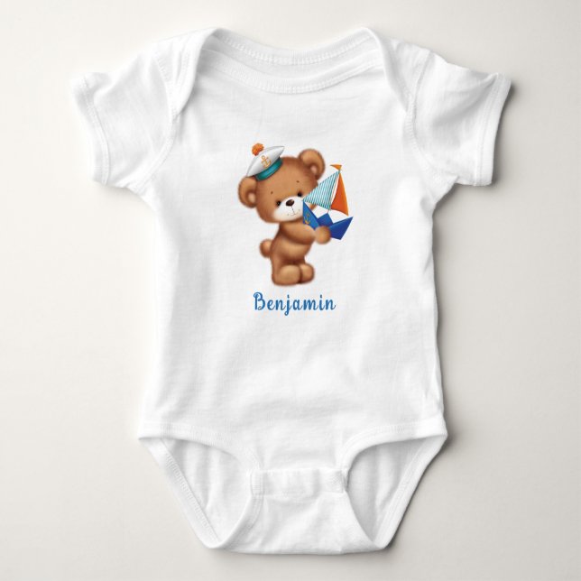 Niedlicher Teddy Bear Littlle Sailor Personalisier Baby Strampler (Vorderseite)