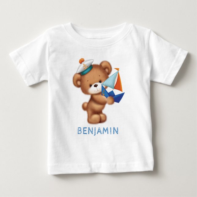Niedlicher Teddy Bear Littlle Sailor Personalisier Baby T-shirt (Vorderseite)