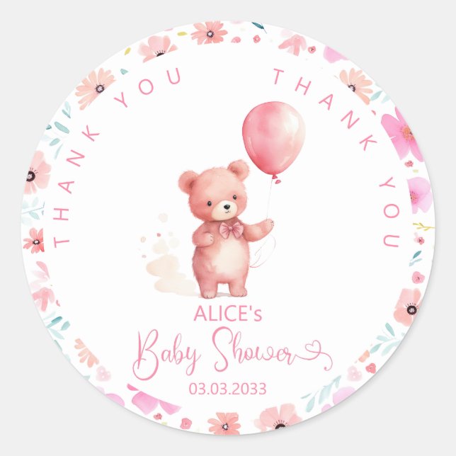 Niedlicher Teddy Bear Pink Balloon Girl Babydusche Runder Aufkleber (Vorderseite)