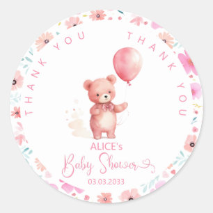 Niedlicher Teddy Bear Pink Balloon Girl Babydusche Runder Aufkleber