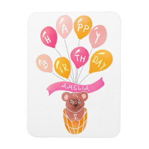 Niedlicher Teddy Bear Pink Balloons Girl Geburtsta Magnet
