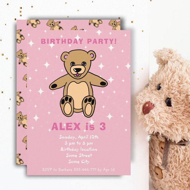 Niedlicher Teddy Bear Pink Girl Geburtstag Einladung (Von Creator hochgeladen)