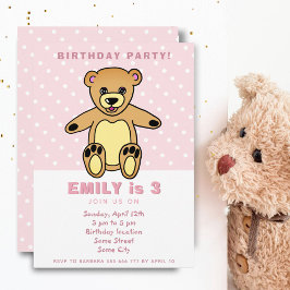 Niedlicher Teddy Bear Pink Polka Dot Girl Geburtst Einladung
