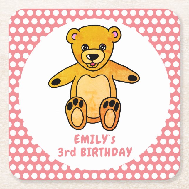 Niedlicher Teddy Bear Pink Polka Dot Kid`s Geburts Rechteckiger Pappuntersetzer (Vorderseite)