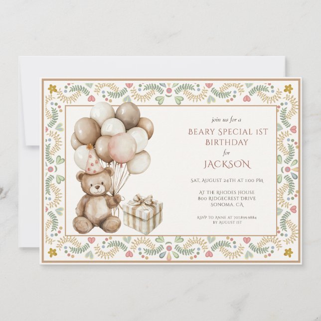 Niedlicher Teddybär 1. Geburtstag Einladung (Vorderseite)