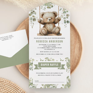 Niedlicher Teddybär auf einer Schaukel Eukalyptus  All In One Einladung