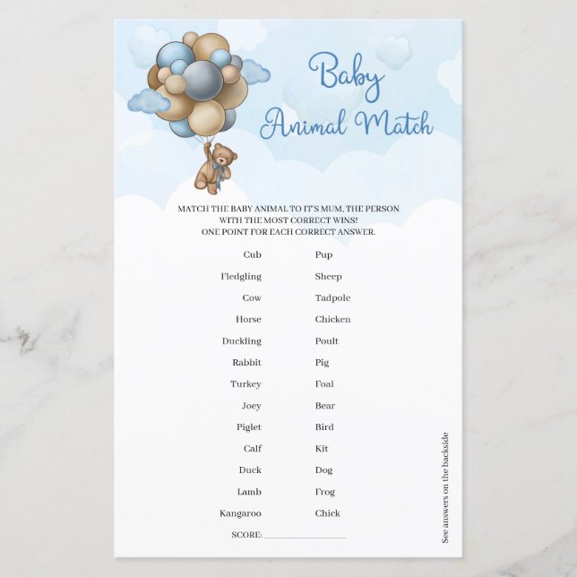 Niedlicher Teddybär blaue Ballons Baby Animal Matc (Vorderseite)