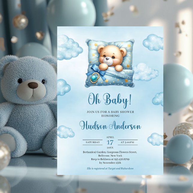 Niedlicher Teddybär blauer brauner Elfenbein Junge Einladung (cute sleeping teddy bear - boy baby shower invitation heart shaped font)