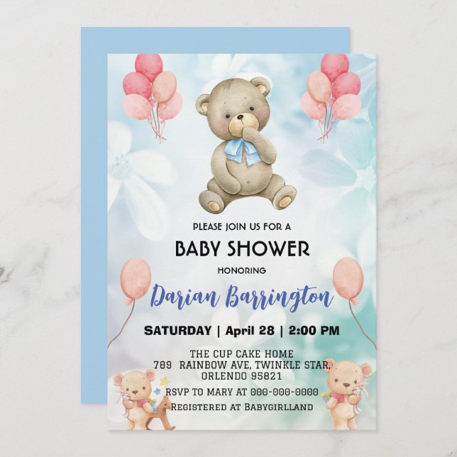 Niedlicher Teddybär Blume Ballon Babydusche Einladung (Vorne/Hinten)