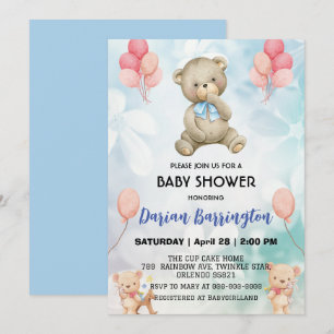 Niedlicher Teddybär Blume Ballon Babydusche Einladung