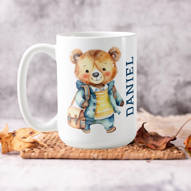Niedlicher Teddybär der ersten Klasse in einer Jac Kaffeetasse (Hello first grade cute teddy bear in a jacket and school bag personalized name mug gifts for boys)