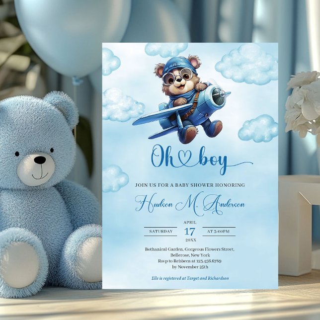 Niedlicher Teddybär Einladung (teddy bear pilot - oh boy baby shower invitation)