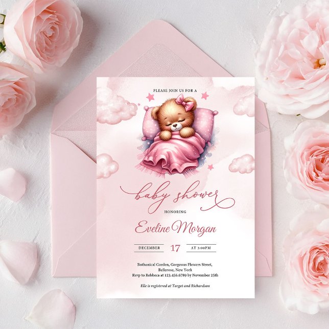 Niedlicher Teddybär in Aquarellfarbe Einladung (Cute Teddy Bear on Pink Cloud Baby Shower Invitation Editable Printable PDF Template)