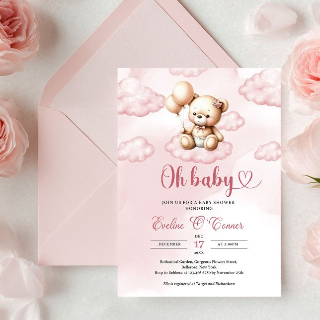 Niedlicher Teddybär in Aquarellfarbe über der Wolk Einladung (Cute watercolor pink teddy bear over the cloud invitation)