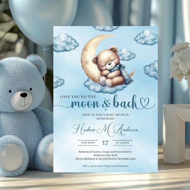 Niedlicher Teddybär mit Aquarellblau und Goldschlä Einladung (love you to the moon and back - boy baby shower invitation)