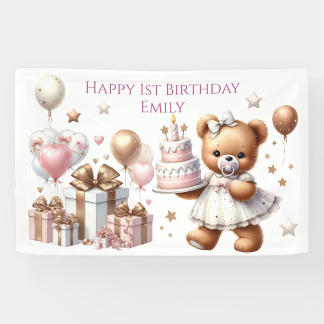 Niedlicher Teddybär mit Balloons und Geschenken Banner (Horizontal)