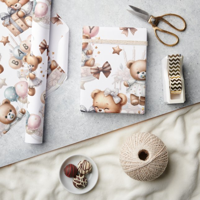 Niedlicher Teddybär mit Balloons und Geschenken Geschenkpapier (Kunsthandwerk)