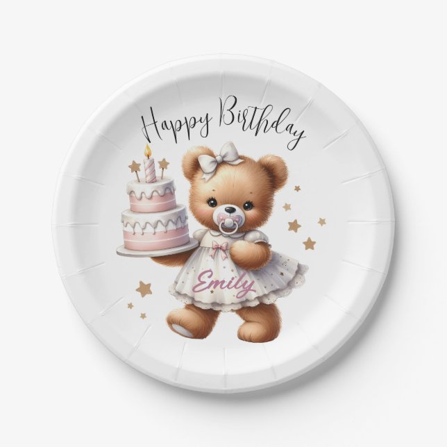 Niedlicher Teddybär mit Balloons und Geschenken Pappteller (Vorderseite)