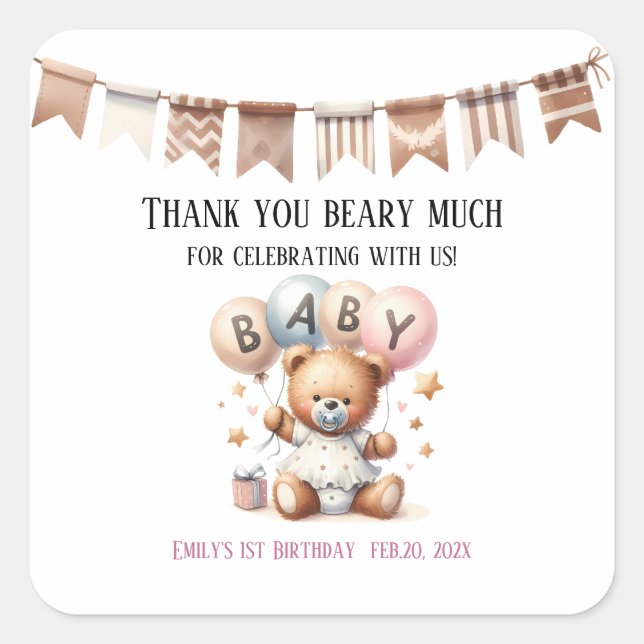 Niedlicher Teddybär mit Balloons und Geschenken Quadratischer Aufkleber (Vorderseite)