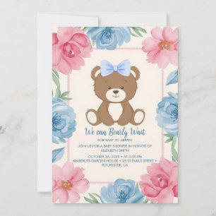 Niedlicher Teddybär mit blauem Bogen in Rose Einladung