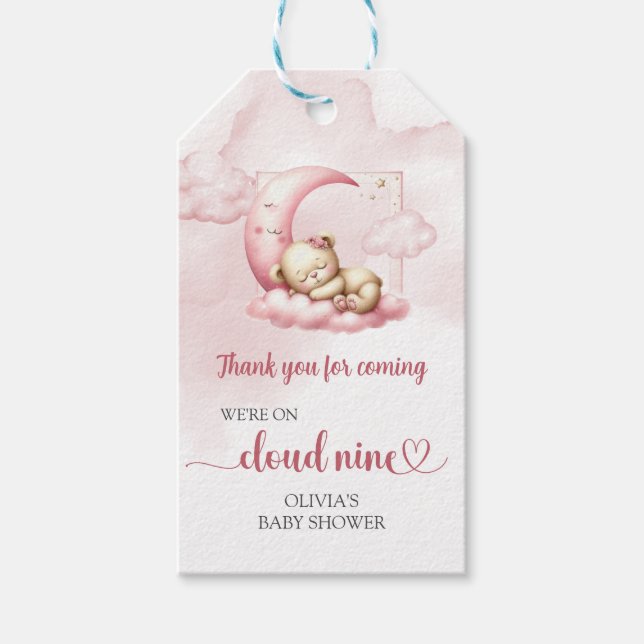 Niedlicher Teddybär mit blauer Rosa und neun Mädch Geschenkanhänger (Vorderseite)