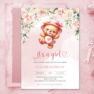 Niedlicher Teddybär mit blühender Babydusche Einladung