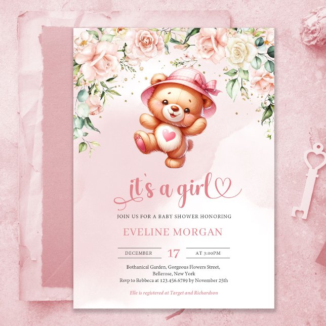 Niedlicher Teddybär mit blühender Babydusche Einladung (Cute playful teddy bear girl baby shower invitation with heart shaped font)