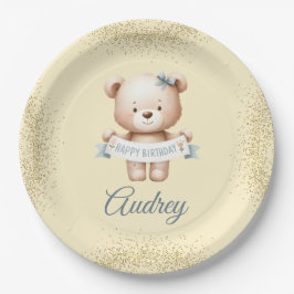 Niedlicher Teddybär mit Brithday Pappteller