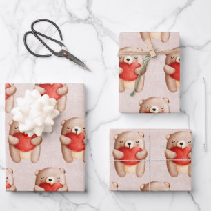 Niedlicher Teddybär mit einem roten Herz Geschenkpapier Set