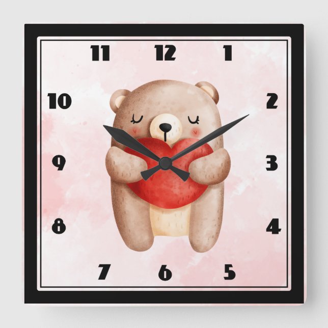 Niedlicher Teddybär mit einem roten Herz Quadratische Wanduhr (Vorderseite)