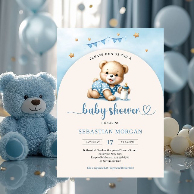 Niedlicher Teddybär mit Flaschenbock Einladung (cute playful baby bear boy baby shower invitation digital)