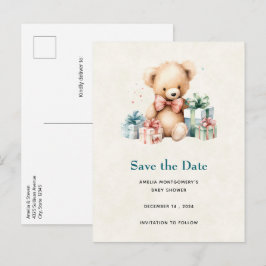 Niedlicher Teddybär mit Geschenken Save the Date Ankündigungspostkarte