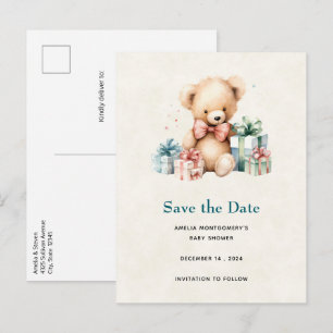 Niedlicher Teddybär mit Geschenken Save the Date Ankündigungspostkarte