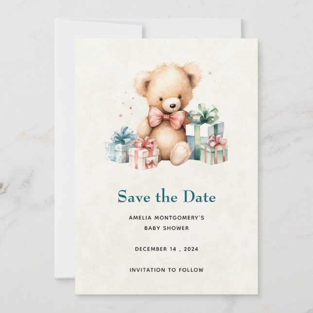 Niedlicher Teddybär mit Geschenksdusche Save The Date (Vorderseite)