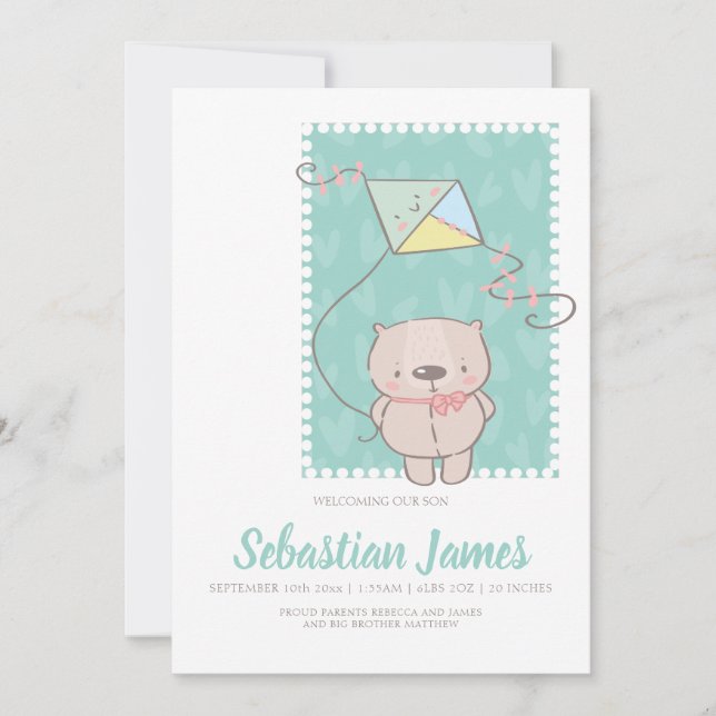 Niedlicher Teddybär mit neuem Baby Ankündigung (Vorderseite)