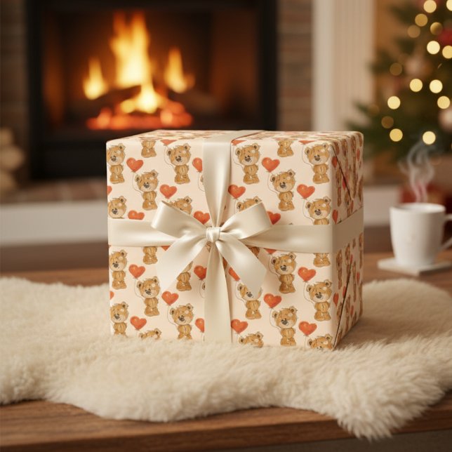 Niedlicher Teddybär mit Orangefarbenen Herzblasen Geschenkpapier Set (Cute Teddy Bear with Orange Heart Balloons Wrapping Paper Sheets)
