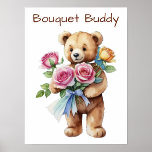 Niedlicher Teddybär mit Rose Bouquet Illustration Poster