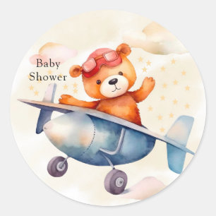 Niedlicher Teddybär mit seinem Flugzeug Geburtstag Runder Aufkleber