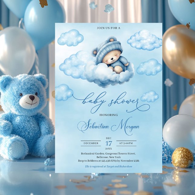 Niedlicher Teddybär mit Wasserfarbe über der Wolke Einladung (boy baby shower invitation with sleeping teddy bear)