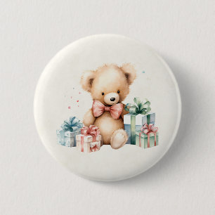 Niedlicher Teddybär mit Weihnachtsgeschenken Button