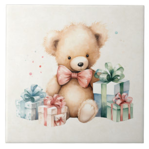 Niedlicher Teddybär mit Weihnachtsgeschenken Fliese