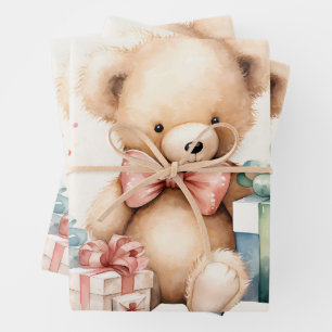 Niedlicher Teddybär mit Weihnachtsgeschenken Geschenkpapier Set
