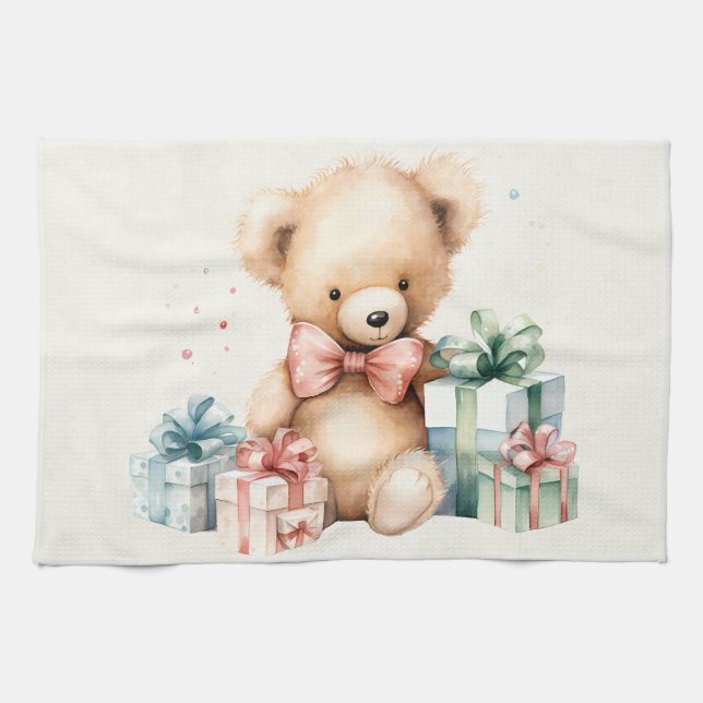 Niedlicher Teddybär mit Weihnachtsgeschenken Geschirrtuch (Horizontal)