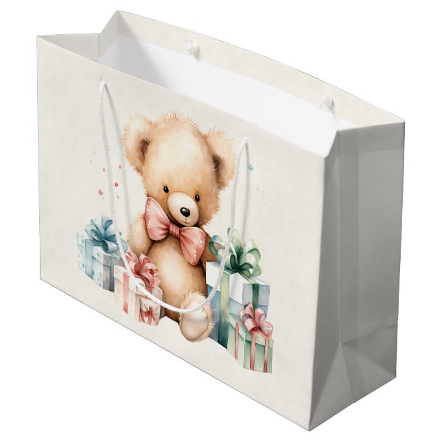 Niedlicher Teddybär mit Weihnachtsgeschenken Große Geschenktüte (Rückseite Schrägansicht)