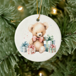 Niedlicher Teddybär mit Weihnachtsgeschenken Keramik Ornament